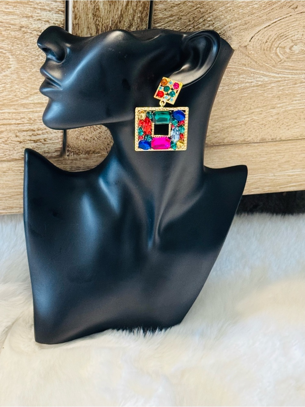 Fashion Jewelry Gold-Tone Multicolored Gem Square Drop Earrings